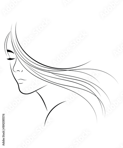Black and white line drawing of a woman with closed eyes and flowing hair.