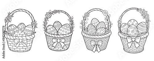Delightful collection of Easter egg baskets with bows patterns and woven textures perfect for fun creative coloring activities