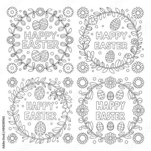 Easter celebration coloring sheet featuring cheerful carrots spring flowers and patterned eggs for creative art fun kids