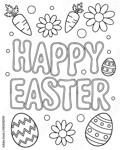 Festive Easter coloring design showcasing playful carrots cheerful daisies bright eggs and fun spring themed holiday art