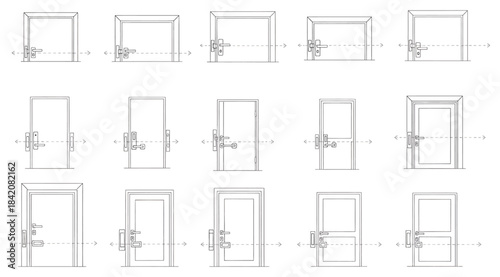 Architectural door diagrams in grid layout showing swing directions and handle placements, annotated illustrations for spatial planning, construction, and interior design reference on white background