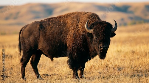 Powerful American Bison with Majestic Horns Stands Firmly in a Golden Prairie Field, Embodying the Spirit of North American Wildlife and Wilderness