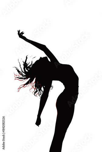 Silhouette of a woman dancing with flowing hair on a white background  