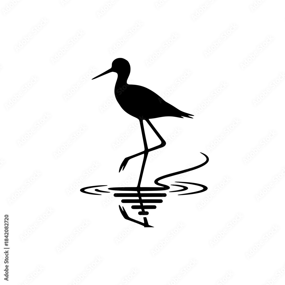 Fototapeta premium Stilts Bird Standing on Long Legs with Reflected Shadow vector illustration