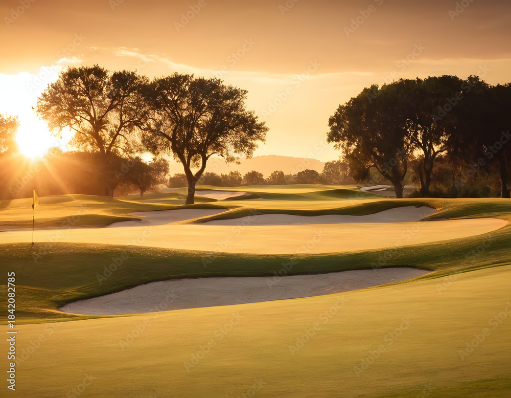 Fototapeta premium A gorgeous golf course at sunset and a beautiful sky.
