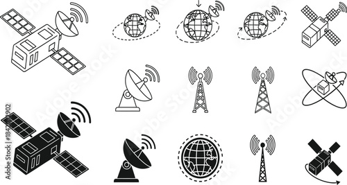 satellite communication and antenna icons set, global network, earth orbit, signal transmission, space technology, telecommunication, gps, black vector illustration