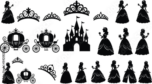 fairy tale princess silhouettes, royal castle, tiara crowns, magic carriage, ball gown dresses, fantasy girl, kids party decoration illustration