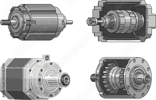 Industrial Electric Motors, Internal Components, and Planetary Reduction Gearbox Assembly Illustrations.