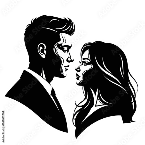 Elegant Silhouette of a Couple Gazing Intently at Each Other.