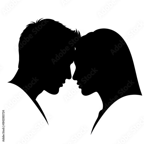 Silhouette of a loving couple in profile, facing each other with heads close.