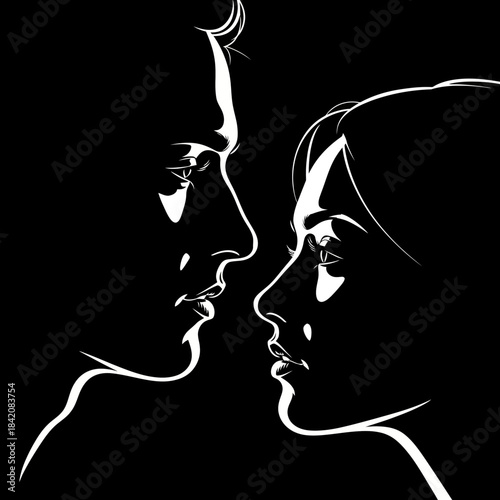 Close up profile of a man and woman facing each other in dramatic contrast.
