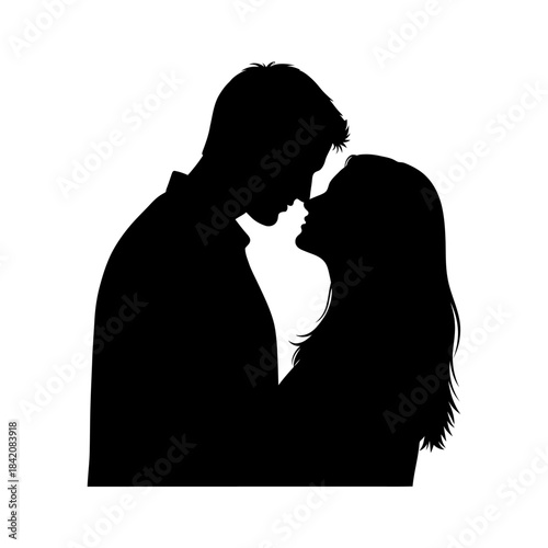 Silhouette of a loving couple embracing intimately, heads touching.