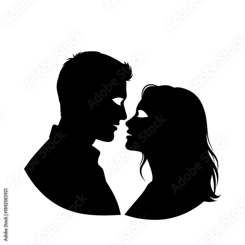 Silhouettes of a man and woman gazing at each other in a romantic embrace.