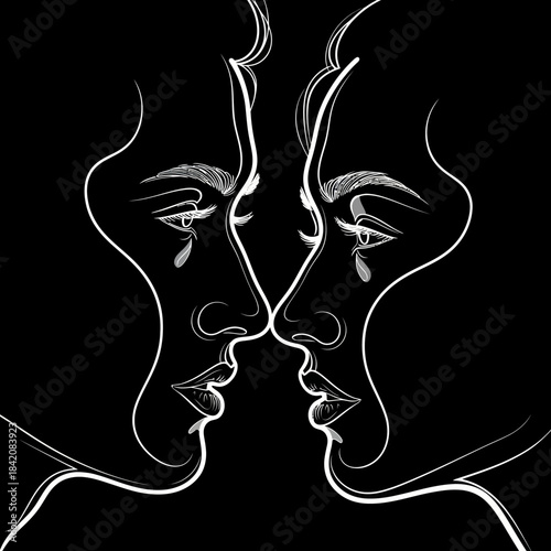 Two Faces in Profile with Tears Minimalist Line Art.