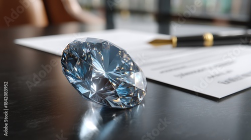 Sparkling Diamond on Black Table with Document and Pen in Bright Office Setting