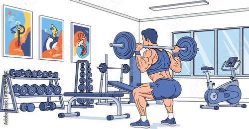 Person squats with barbell in organized gym with various tools and equipment