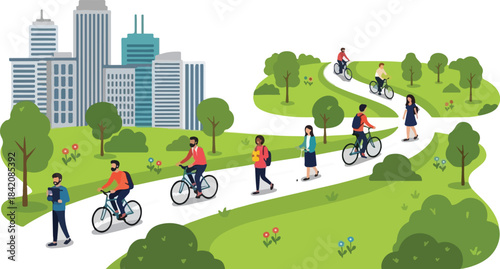 Two men discussing while cycling on a path in a park with speech bubbles