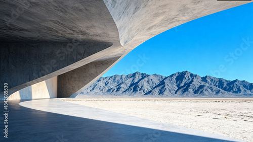 Modern concrete structure with mountain view in desert area