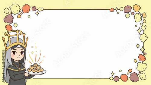 Cartoon nun holding a plate of food. Nun in a crown. Colorful border design. Vector illustration template for certificate, award, or celebration. Gold and white background. Festive frame