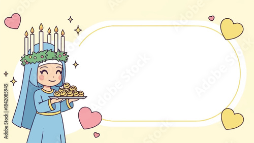 Birthday girl cartoon. Happy birthday template with cake and candles. Vector illustration for greeting card, invitation, or celebration. Blue dress. Green crown. Yellow background. Hearts