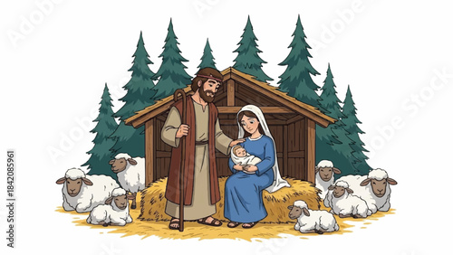 Nativity scene with holy family and sheep. Christmas illustration of Mary, Joseph, and baby Jesus. Vector drawing of manger with shepherd and sheep. Winter religious scene with trees. Holy