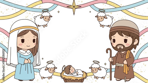 Christmas Nativity scene. Cartoon illustration of Mary, Joseph, and baby Jesus with angels and sheep. Colorful ribbons and star on white background. Vector design for holiday greeting card