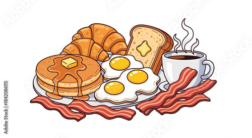 Deliciously drawn full american breakfast spread with pancakes and coffee
