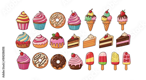 A colorful assortment of delicious desserts including cakes and ice cream