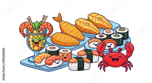 Adorable kawaii sushi and seafood platter with cute characters