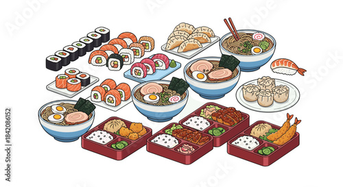 A vibrant assortment of delicious japanese cuisine and sushi rolls