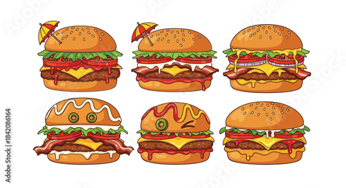 A collection of six deliciously illustrated gourmet hamburgers with various toppings