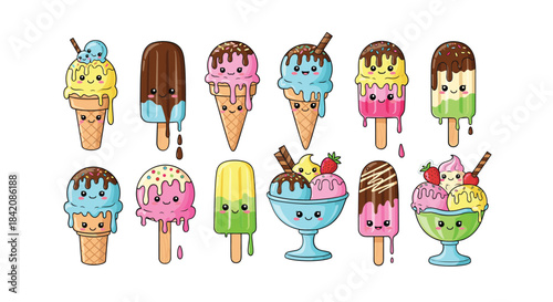 Collection of adorable kawaii style ice cream treats with cute faces