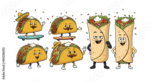 Playful cartoon tacos and burritos with happy faces having fun