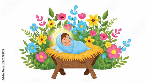 Baby Jesus in a manger. Sleeping newborn wrapped in blue cloth. Wooden crib with yellow hay. Colorful flowers and leaves. Christmas nativity scene. Vector illustration. Religious icon.
