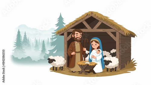 Nativity scene with Mary, Joseph, and Jesus. Cartoon illustration of holy family in manger. Wooden shed with thatched roof. Sheep and trees in background. Christmas and New Year holiday