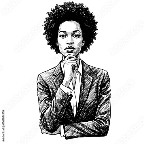 Female black business leader thinking in formal suit illustration  