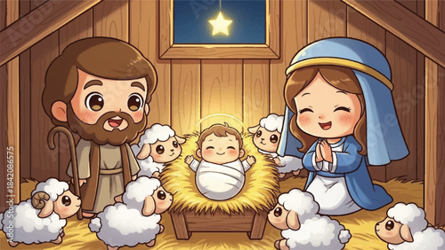 Nativity scene. Cartoon illustration of Mary, Joseph, and baby Jesus. Sheep and lambs around the manger. Star above. Wooden stable background. Christmas and New Year holiday character set.