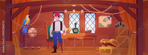 Pirate captain man with hook in ship cabin, vector cartoon retro wood room interior, treasure chest, rum bottle, parrot