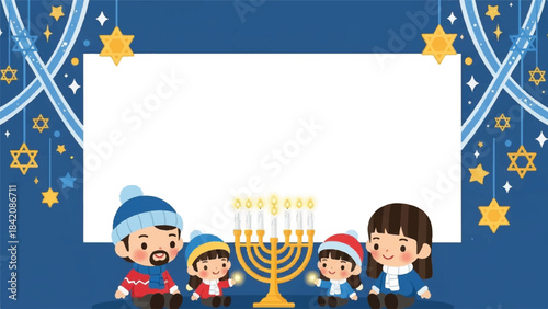 Hanukkah family scene. Jewish holiday template. Cartoon family around menorah. Blue background with stars. Vector illustration for greeting card. Festive design with kids and parents. White
