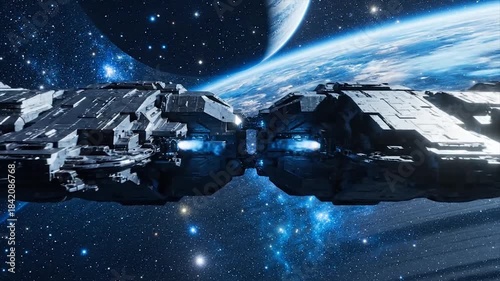 Cinematic flyby of twin futuristic starships docking in deep space near planet rings.