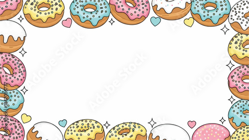 Donut border frame. Colorful donuts with sprinkles. Sweet treat illustration. Vector decorative border. White background. Pastel colors. Dessert theme. Border design element. Food