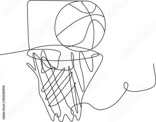 One Line Art Basketball Goal: Abstract Net and Ball Sketch - Basketball, hoop, net, ball, continuous line, one line drawing, line art, vector, illustration, sport, game, scoring, goal,