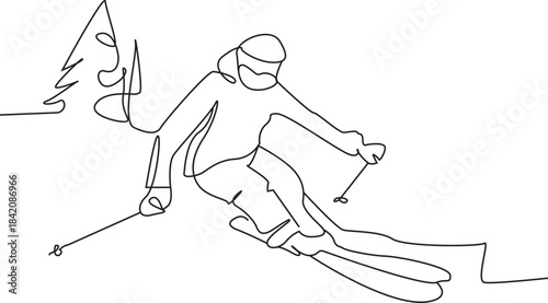 Continuous Line Drawing of Skier Minimalist Winter Sport Vector - Skiing, skier, winter, snow, sport, continuous line, one line drawing, line art, vector, illustration, sketch, mountain, pine tree, co