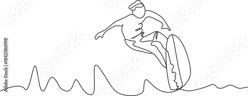 Continuous Line Drawing of Surfer Riding Wave: Minimalist Sport Vector - Surfing, surfer, wave, surfboard, continuous line, one line drawing, line art, vector, illustration, sketch, minimalist, water 