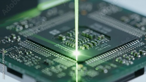 Close up of a laser beam etching a microchip on a circuit board.