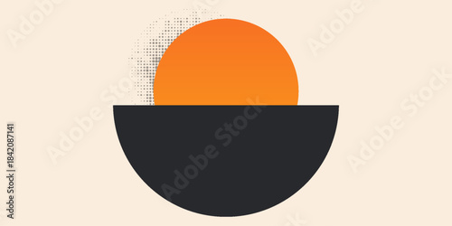 Abstract graphic design features a split circle with contrasting colors and halftone texture. vector