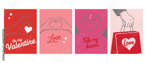  Set of red and pink Valentine's Day cards with hands, hearts, and shopping bag