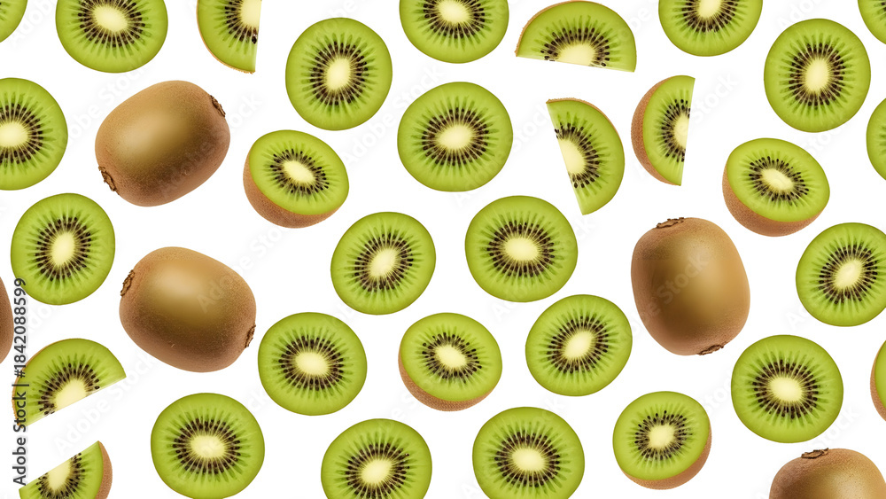Fototapeta premium Freshly Sliced Kiwi Fruit Pattern on a White Background