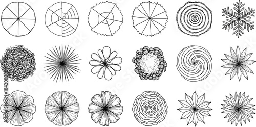 Top-down view of various tree and flower illustrations, presented as a collection of stylized botanical symbols for design and graphic applications