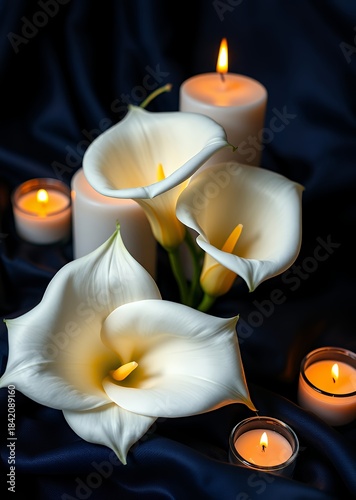 Serene elegance: white calla lilies gracefully poised beside glowing candles on a silky navy fabric funeral flowers grief death flower loss ceremony floral sadness cemetery mourning dead